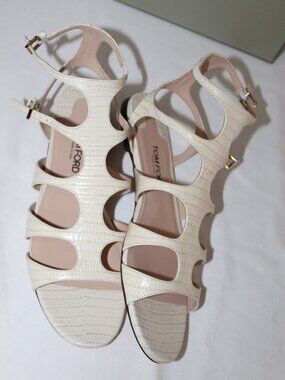 NWB Tom Ford Tejus Cage Flats Sandals Embossed Leather Natural Ivory 40